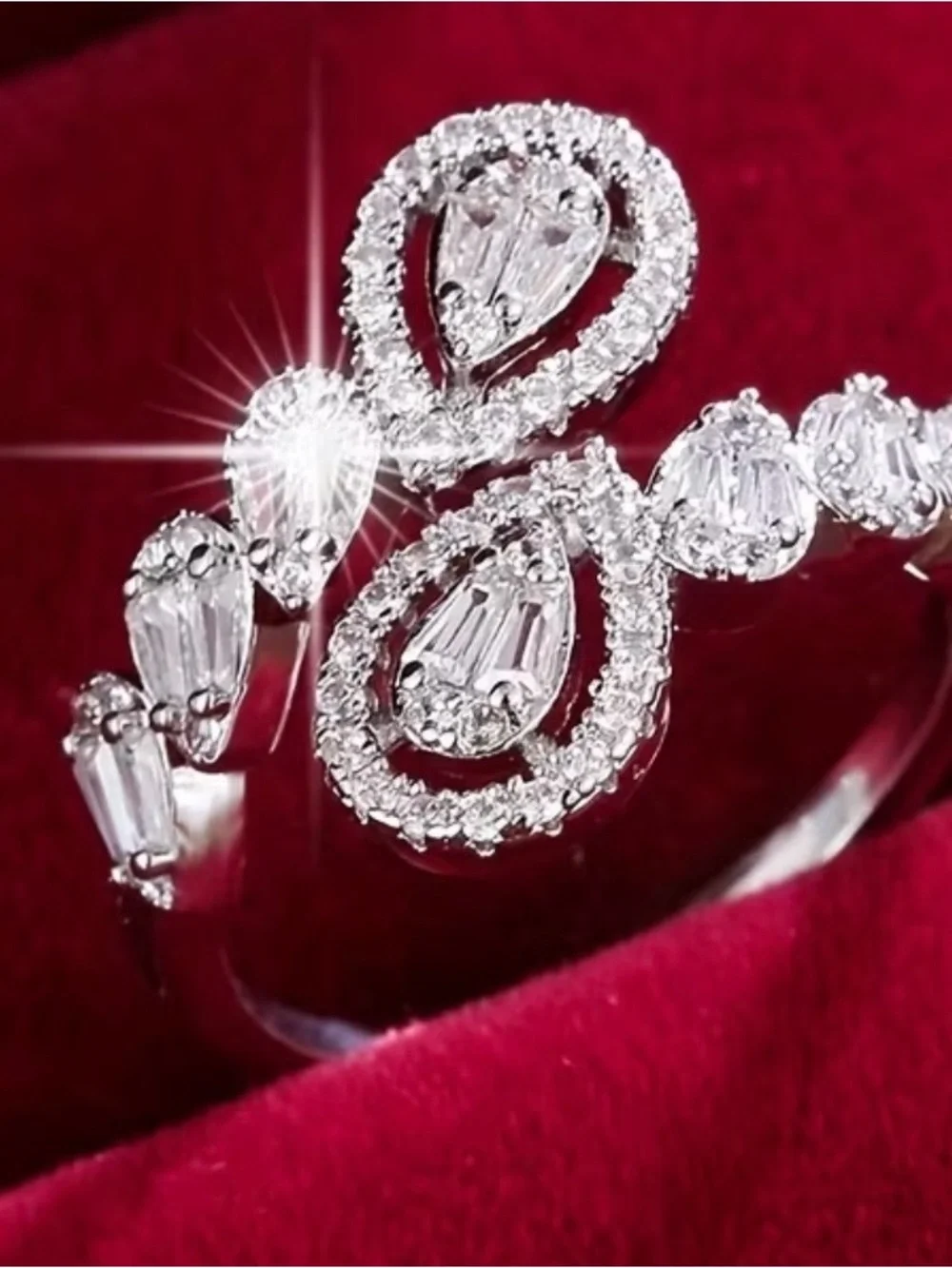 Elegant White Teardrop Halo Ring with Clear Baguette Accents